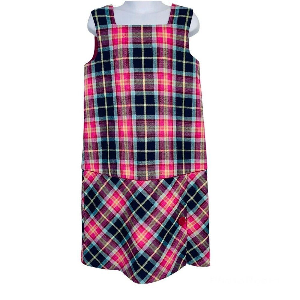 Talbots Girls Dress Size 7 Pink Blue Plaid Sleeveless Jumper Pinafore